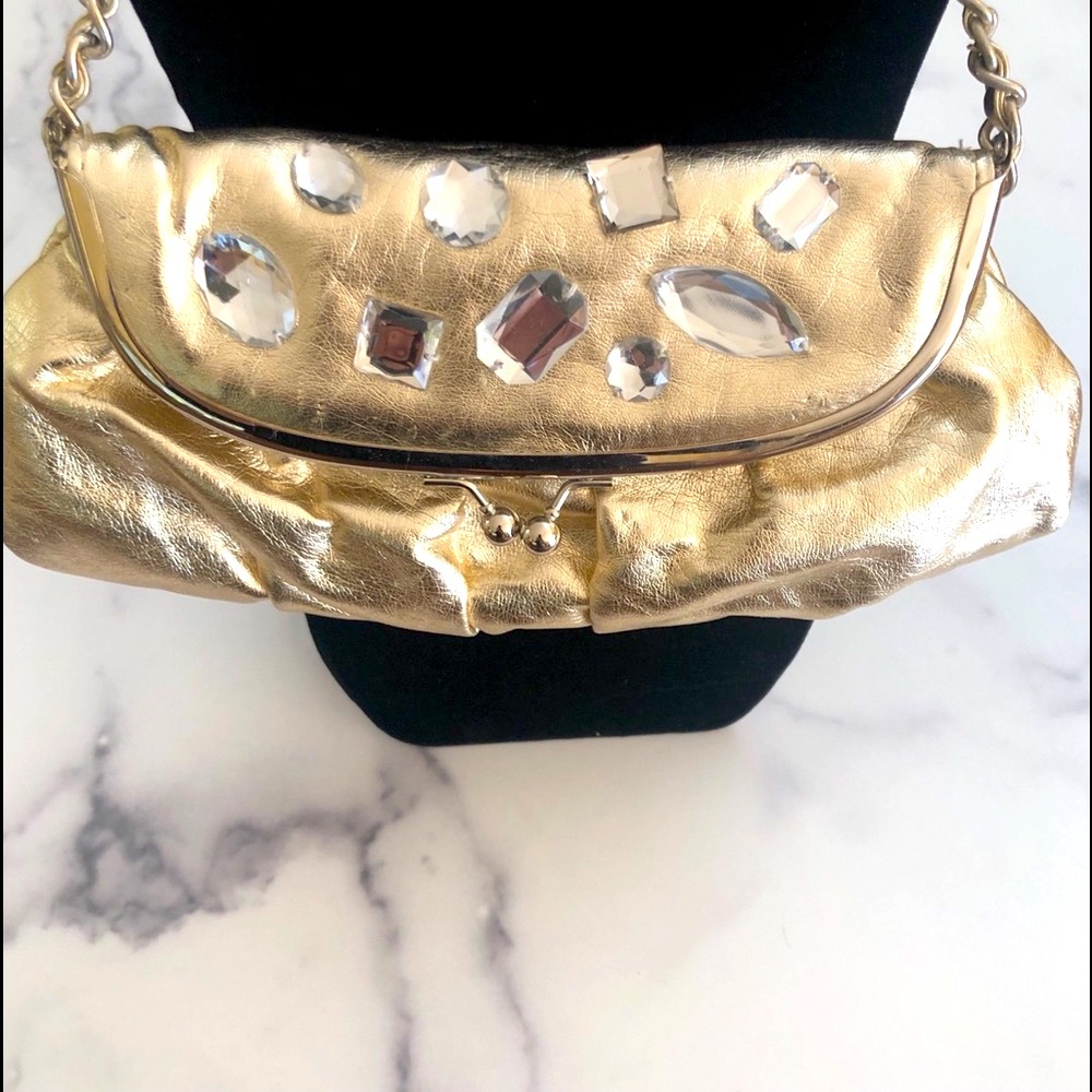 Gold Bling Clutch Purse 80's Style Crinkle Faux Leather Roomy Woven Gold Strap